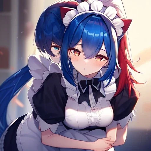 Clear Focus, High resolution, wearing a maid uniform, fluffy hair and a long ponytail, blue hair, cat ears, meowing, hugging another girl with red long fluffy hair also wearing a maid outfit