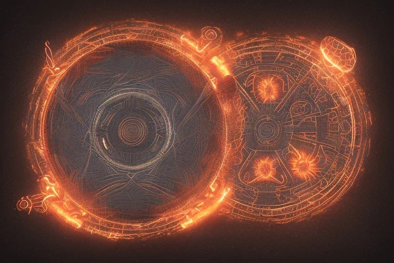 a fiery wheel with 100 eyes floating above the ground, a laser beam pentagram floating above the ground, celtic knot bronze floating, golden ratio, spring time, mushrooms, 8k, flickering light, centered, high-quality, fine-detail, digital art, detailed matte, volumetric lighting, illustration, 3D octane render,psychedelic color