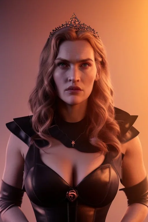 Kate Winslet as evil queen in black leather gown, cleavage, angry, stern look unreal 5, octane render,cinema4d, dynamic lighting, dramatic lighting, 4k, redshift render, highly detailed, hyper realistic