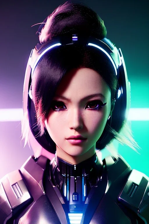 Futuristic anime cyborg, portrait from waist up, intricate eyeliner, vibrant eyeshadow, clear completion, soft lighting, 4k resolution, intricate details, insanely detailed, colorful cityscape background, masterpiece, expert, cinematic smooth, retroanime style, realistic details, no helmet, pastel hair color