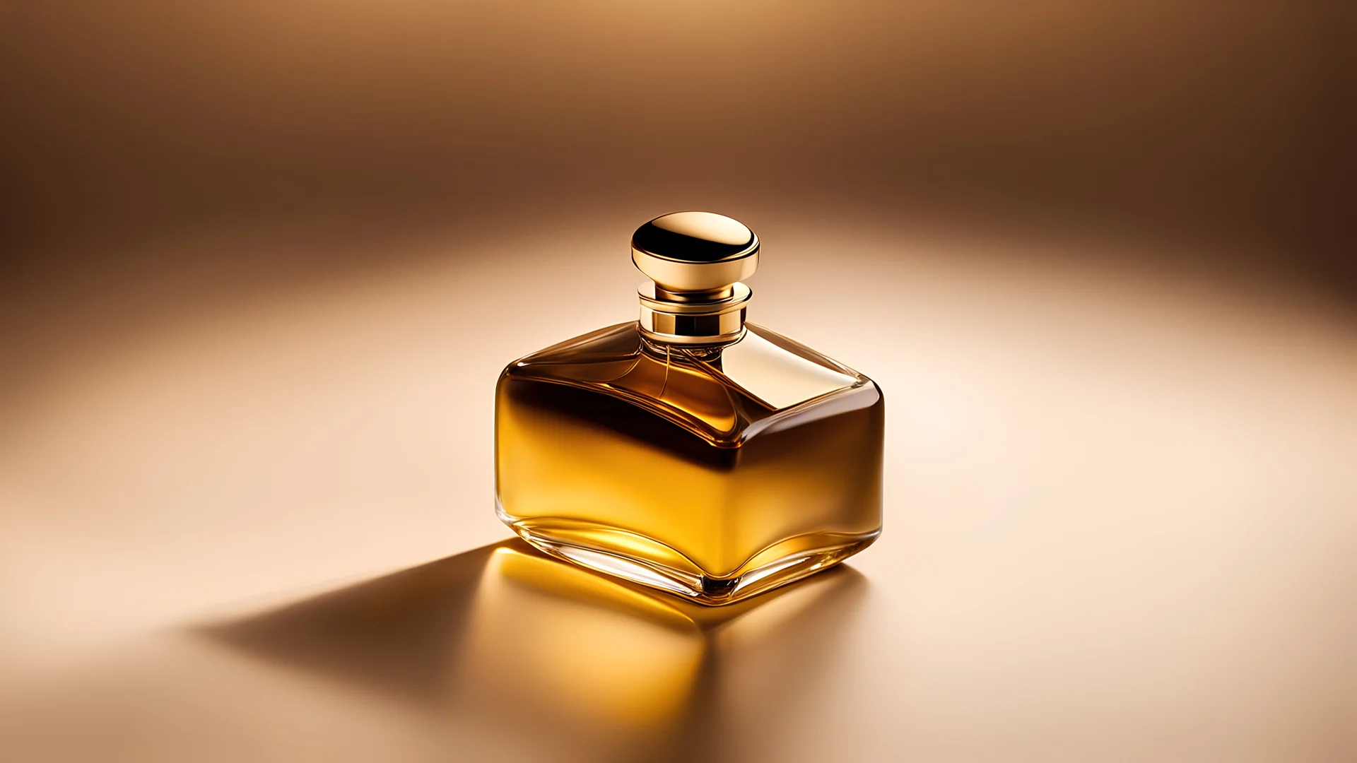 A minimalistic perfume bottle, captured in a close-up centered shot with an angled top-down view. The studio setting is bright and the lighting is reminiscent of golden hour, giving the image a dreamy quality. The extreme realism of the image makes it seem like you could reach out and touch the bottle. The image is rendered in a sharp focus, with post-processing techniques adding to the overall effect. The composition is perfect, with global illumination highlighting every detail. The compositio