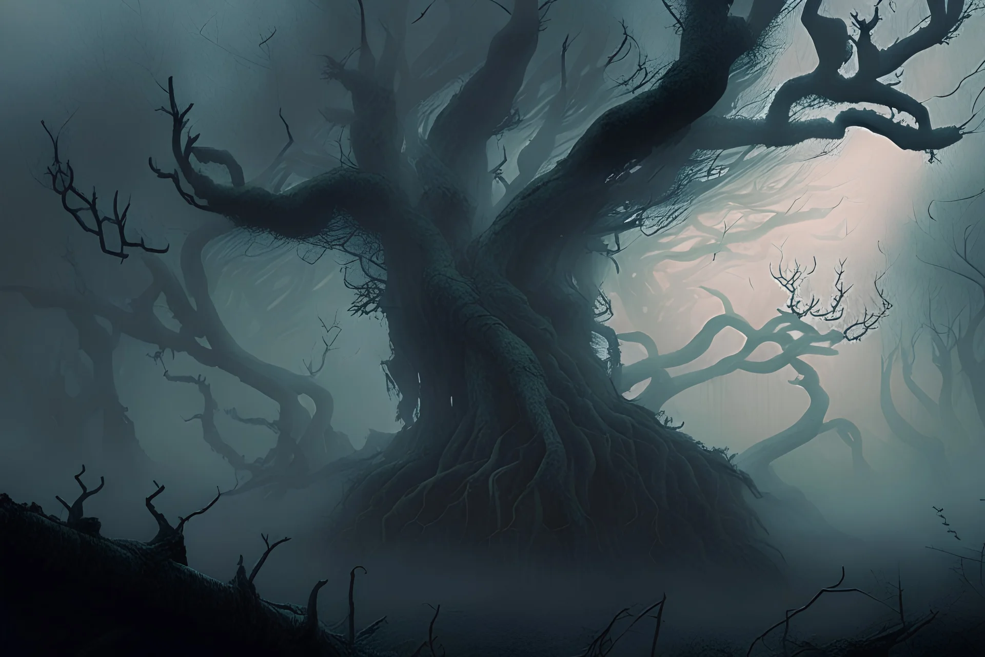 An atmospheric landscape of a dense, fog-shrouded forest, with gnarled, ancient trees standing sentinel, their twisted branches reaching out like the hands of long-forgotten spirits.