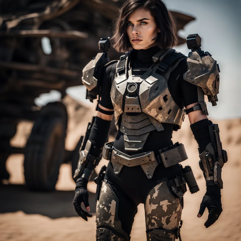 futuristic beautiful caucasian half cyborg female soldier, black metal body and limbs, scratched sand camo metal details, short brunette wavy bob haircut, dystopian, desert scene