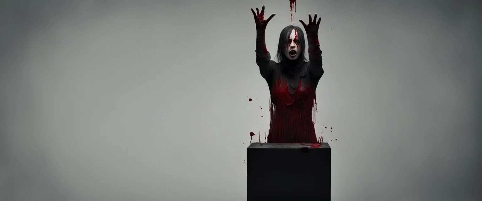 a faceless woman covered in blood holding up an empty black box