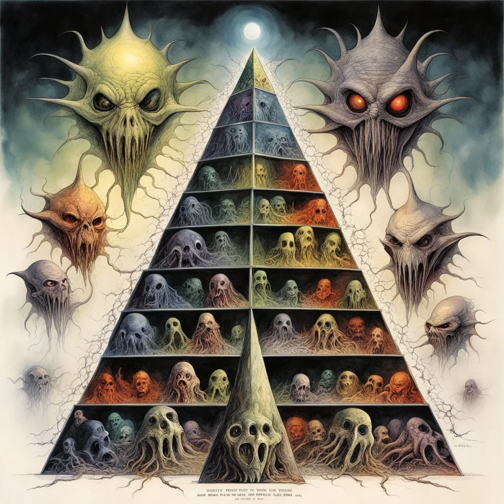 "Maslow's hierarchy of needs", concept art, segmented chambers filled with different lovecraftian weird hybrid monsters, by Brian Bolland, by Michael Whelan, by Stephen Gammell, maslow hierarchy of needs pyramidal motif with empty space between each level, eerie, surreal horror art illustration, deep colors, sharp focus, smooth."