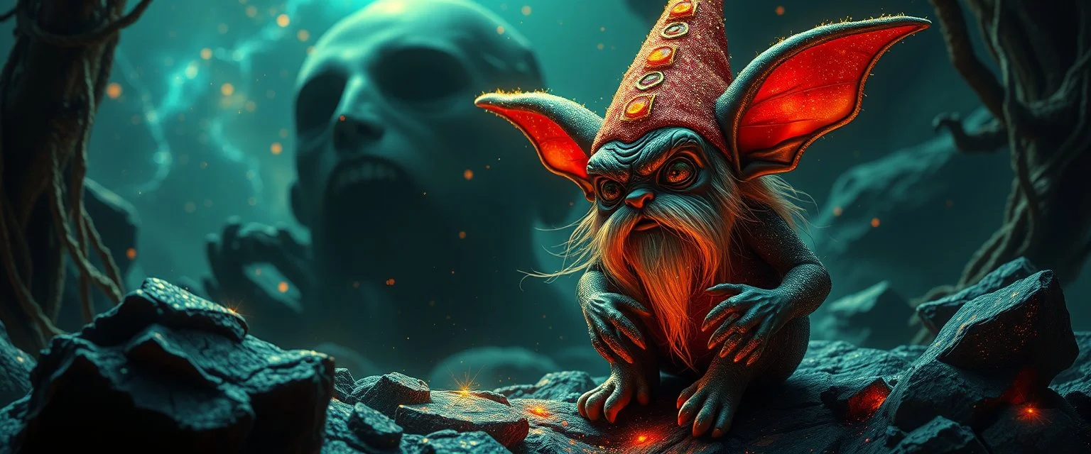 glittering Deep Gnome (Svirfneblin) gremlin, goa psy ambient in the style of vangelis and fsol, source vibrations