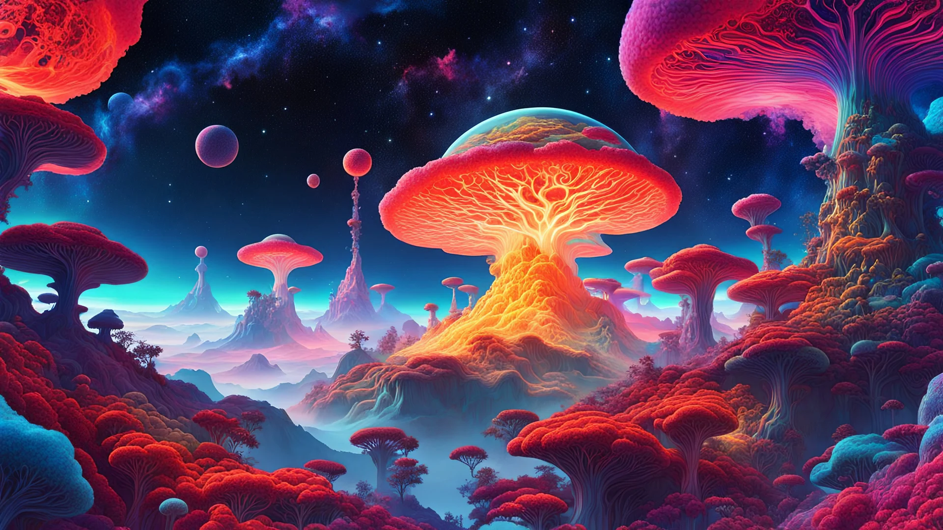 "Colorful, cosmic mycelium network, connecting floating islands in space, vibrant nebulae, intricate, magical. In the style of James Jean, 8k, high saturation."