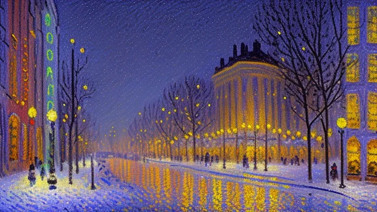 Winter night, lanterns, modern city, cars, alfred sisley impressionism painting