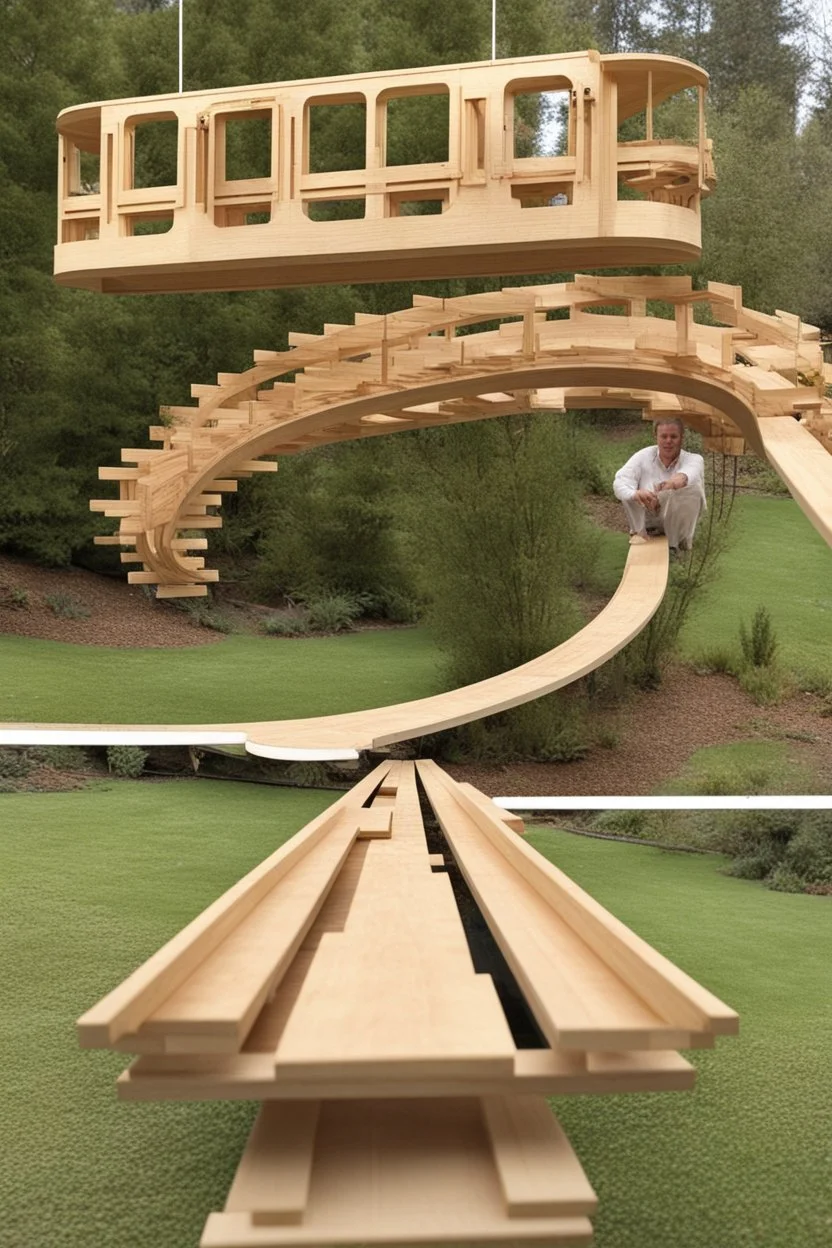 A toy one-passenger suspended monorail track built in my back yard, made from plywood and 2x4 lumber.