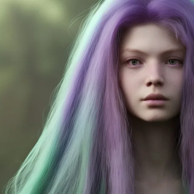 long purple haired human girl with bright green eyes