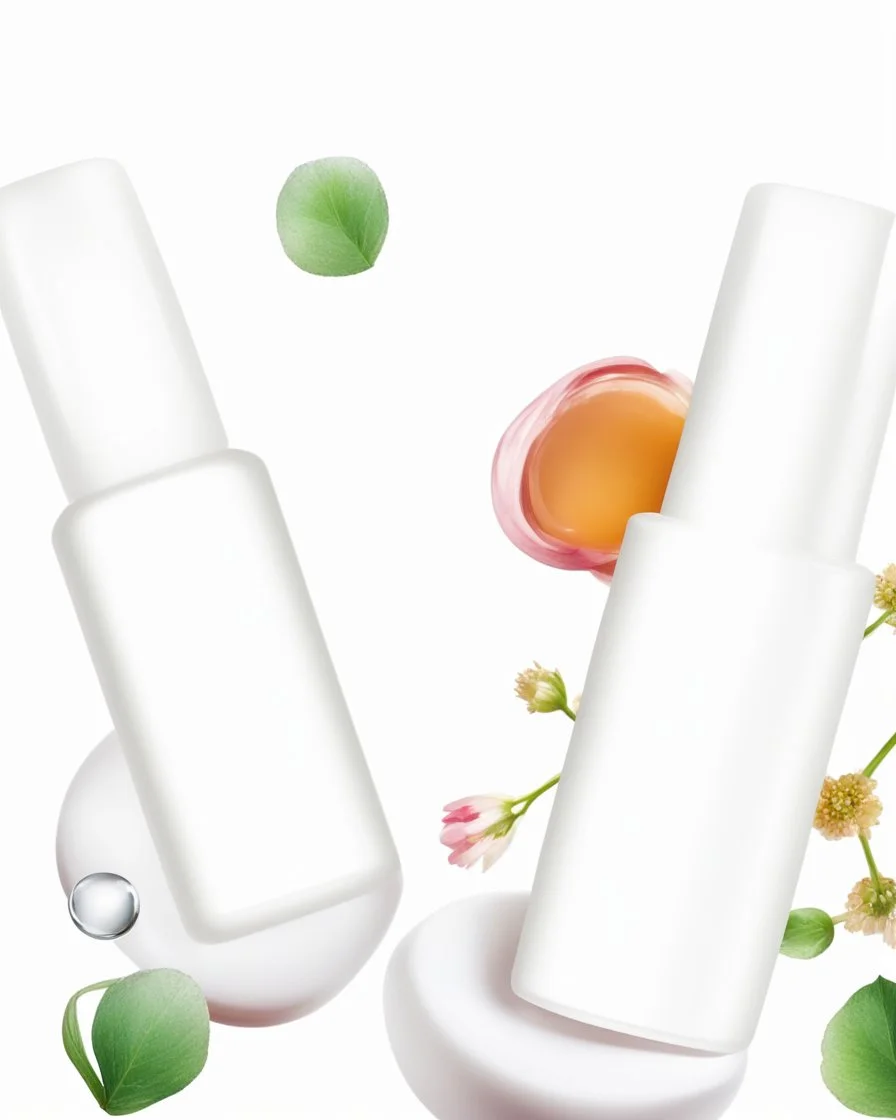 a bottle for cosmetics and a cream jar lies on a beautiful floral background top view, in the background there are beautiful spring flowers and a drop of cream, high-quality picture, top view