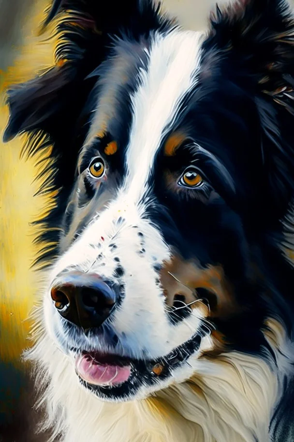 border collie portrait painterly, brush work, heavy brush work, impressionistic, painting process