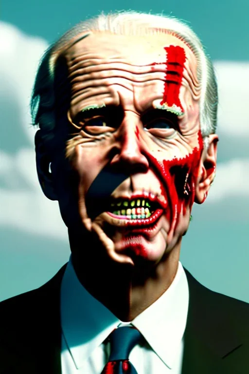 Ultra realistic image, joe biden zombie, zombie performance, blood, torn arm, night, walking twisted, waist up view, dark ambient, highly detailed, sky background, concept art, unreal engine 5, god rays, ray tracing, RTX, lumen lighting, ultra detail, volumetric lighting, 3d, finely drawn, high definition, high resolution.