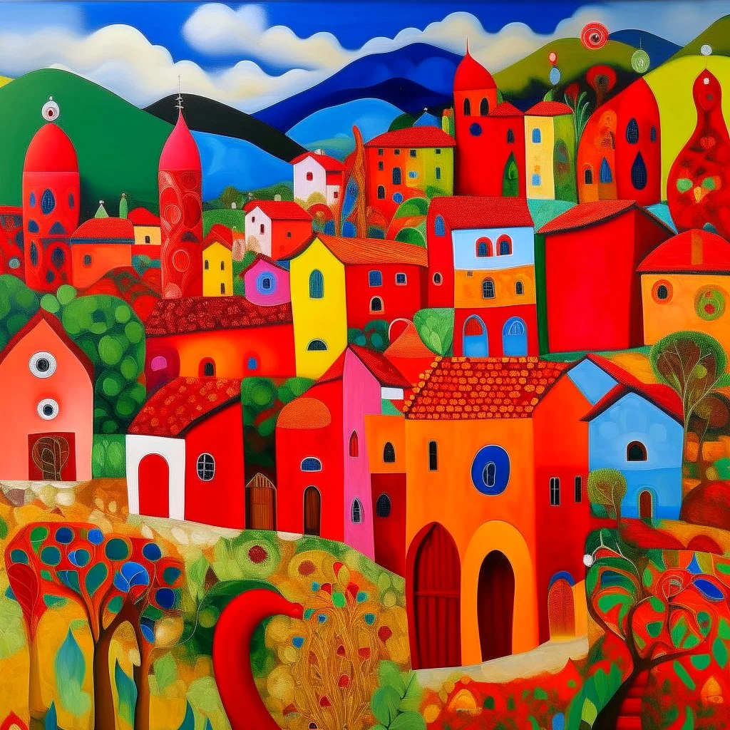 A red Mexican village with fiery ghost peppers designed in Matryoshka dolls painted by Wassily Kandinsky