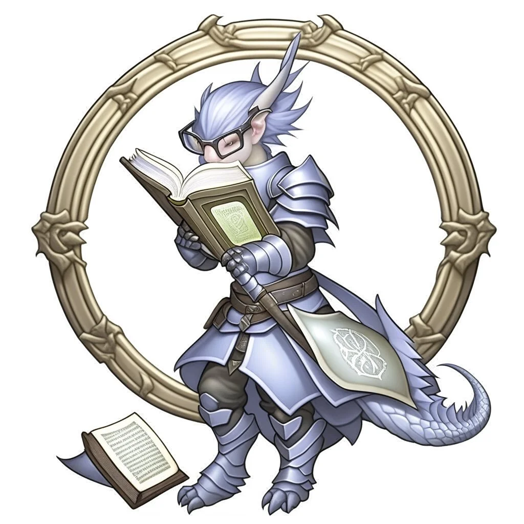 A dragonoid human with grey scales and large glasses along with a long, flexible tail, studying a magical shield in the shape of an octagon