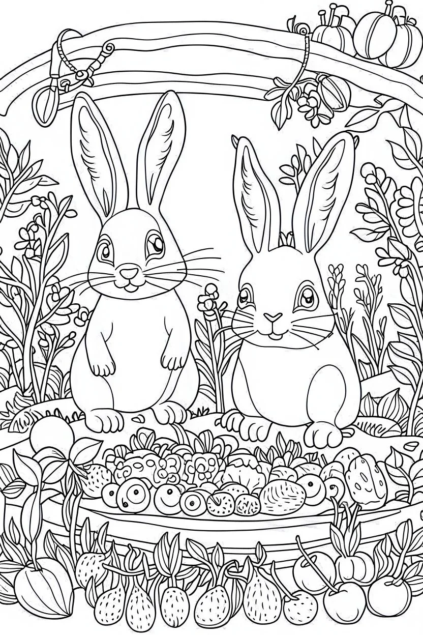 A black and white outline art for a kids coloring book, Cute bunnies in a vegetable garden, outlined with veggies around., white background , sketch style , full body, only use outline, mandala style, clean artpage, , white background, no shadows and clear well outlined