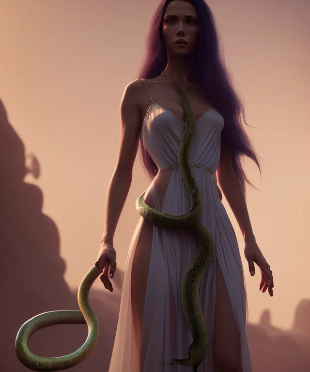 Holy Virgin, beautiful, long fabric dress, beautiful long black hair to the waist, snake around body, head and shoulders portrait, 8k resolution concept art portrait by Greg Rutkowski, Unreal Engine 5 volumetric lighting