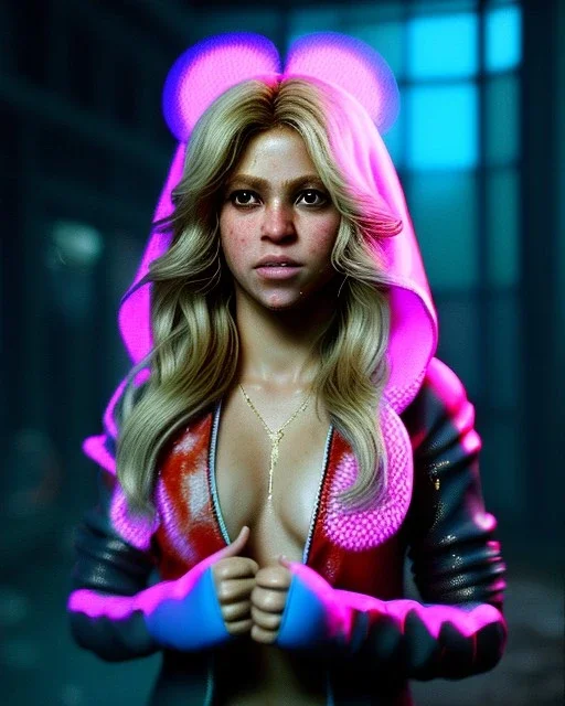 portrait, Shakira, blonde artist, angry, Realistic image, MMA robe, hoodie, mma gloves, band aid, loose long hair, eyes make up, line gold make up, glow, circle iris. Rain, fog, Neon colors, leds. Dark background, photo studio, concept art, smooth, unreal engine 5, god lights, ray tracing, RTX, lumen lighting, ultra detail, volumetric lighting, 3d, finely drawn, high definition, 4k.