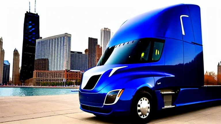 A Tesla semi-truck is parked, on the Navy Pier, in Chicago. CINEMATIC. WIDE ANGLE LENS. PHOTO REAL.