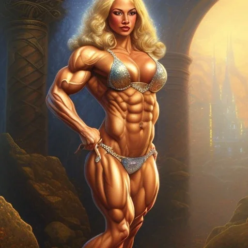 blonde female bodybuilder, castle fortress by thomas kinkade gerald brom whelan