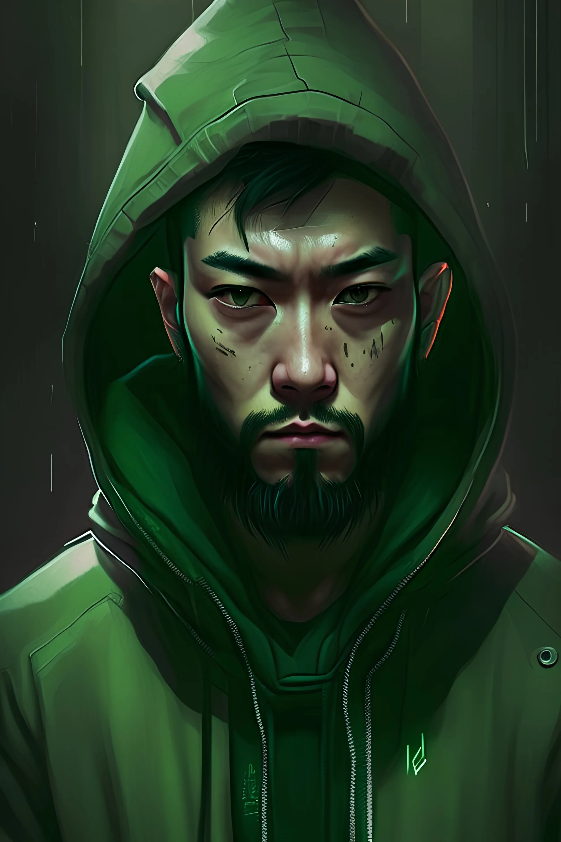 A portrait of a 30 years old Asian male with short hair, small eyes, bigger nose, beard, dressed in dark green hoodie (writes MePunk on the hoodie). Do it in Cyberpunk style. -