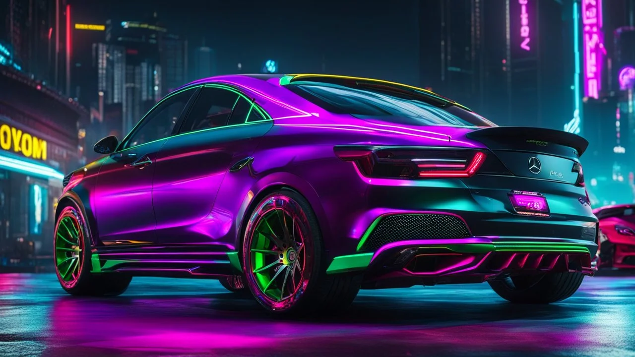Mercedes E190 Evolution ultimate need for speed tuning Mansory Cyberpunk 2077 neon Style Rear View, Super Detailed, desktop wallpaper, 4K