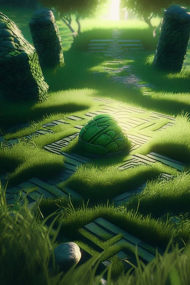 brilliant raytraced stone labyrinth with green grass, 4k, nvidia graphics, volumetric light, depth of field, autumn, trending art, fantasy art, knight