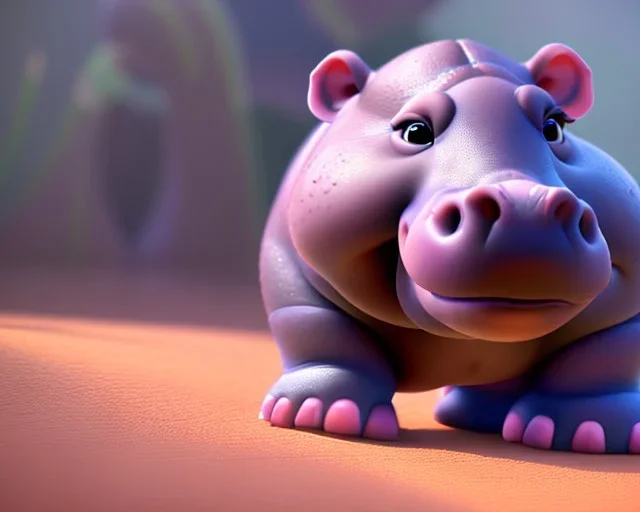 baby hippo, dwarf hippopotamus, natural environment, photojournalism, hyper detailed, hyper realism, pixar character, sweet and gentle, friendly,