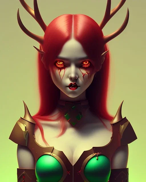 isometric clean art of a cute short Demon women with black antlers, deep blood red hair and green eyes, harsh lighting, soft pastel gradients, high definition, 3d icon clay render, blender 3d