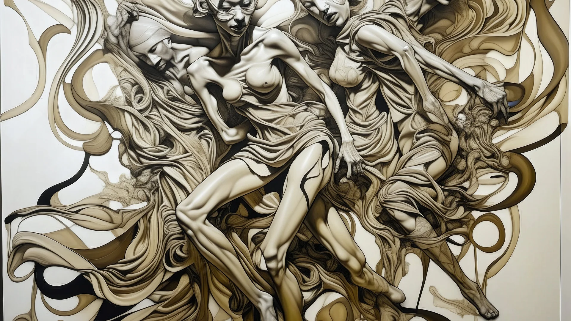 Artwork, canvas surreal amalgamation of people's bodies, dynamic dance flow, drawing masterpiece, boondocks, American chola dream model, pin-up, isolated white cube Creole space, slate beige gray, ink, surprise reflections, SFMOMA brutalism