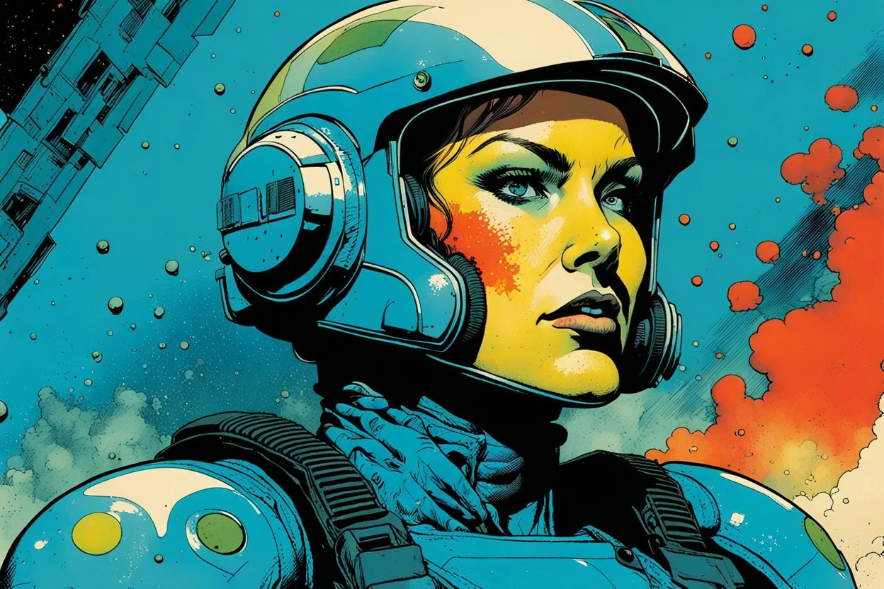 create an imaginative amorphous female extraterrestrial cybernetic rogue trooper with finely detailed facial features, military cut hair, witnessing the destruction of Earth , in the comic book art style of Bill Sienkiewicz, Mike Mignola, and Jean Giraud Moebius, finely textured, drawn, colored, and inked