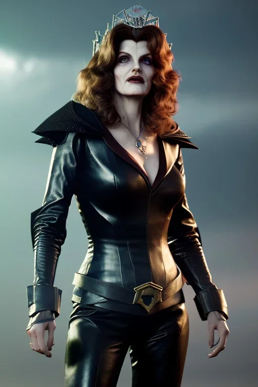 younger Rene Russo as evil queen in leather, cleavage, angry, stern look, unreal 5, octane render,cinema4d, dynamic lighting, dramatic lighting, 4k, redshift render, highly detailed, hyper realistic