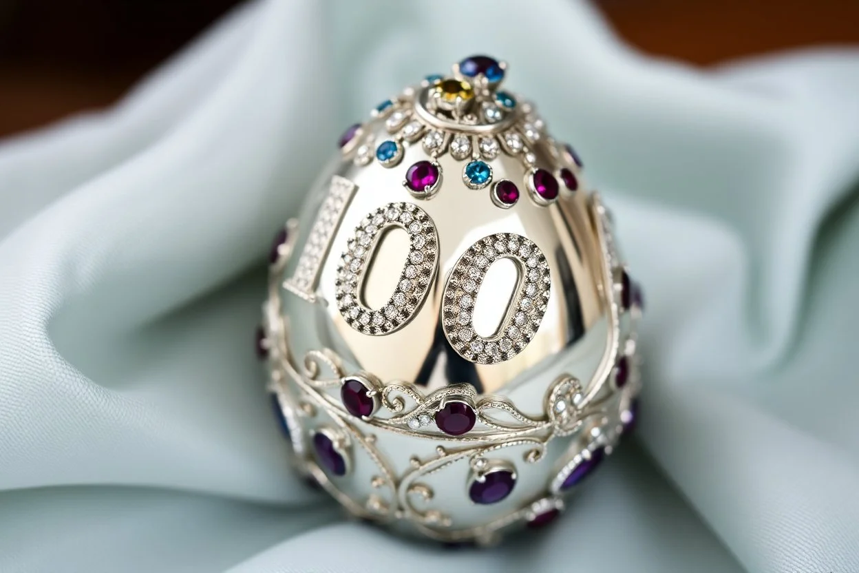 a silver egg in the style of Alma Pihl – that says 100 on it decorated in gems glorious beautiful