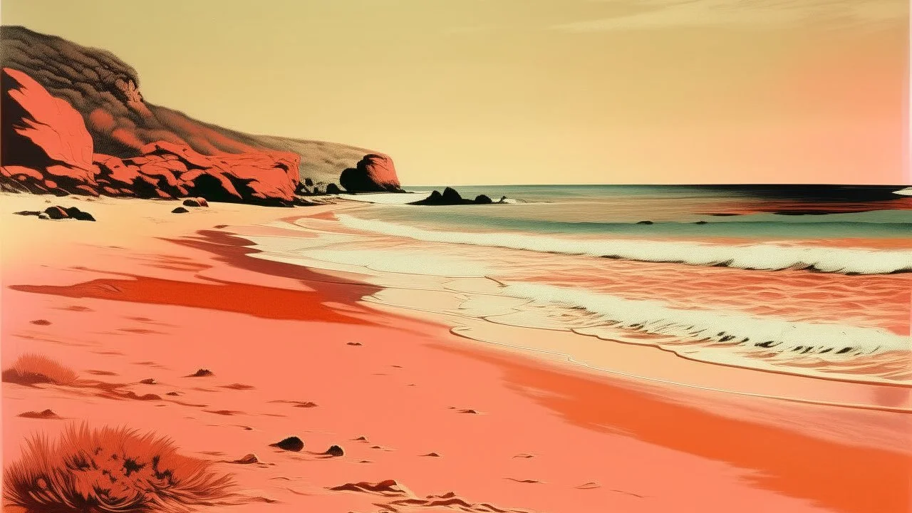A light rosy orange colored beach near a cove painted by Andy Warhol