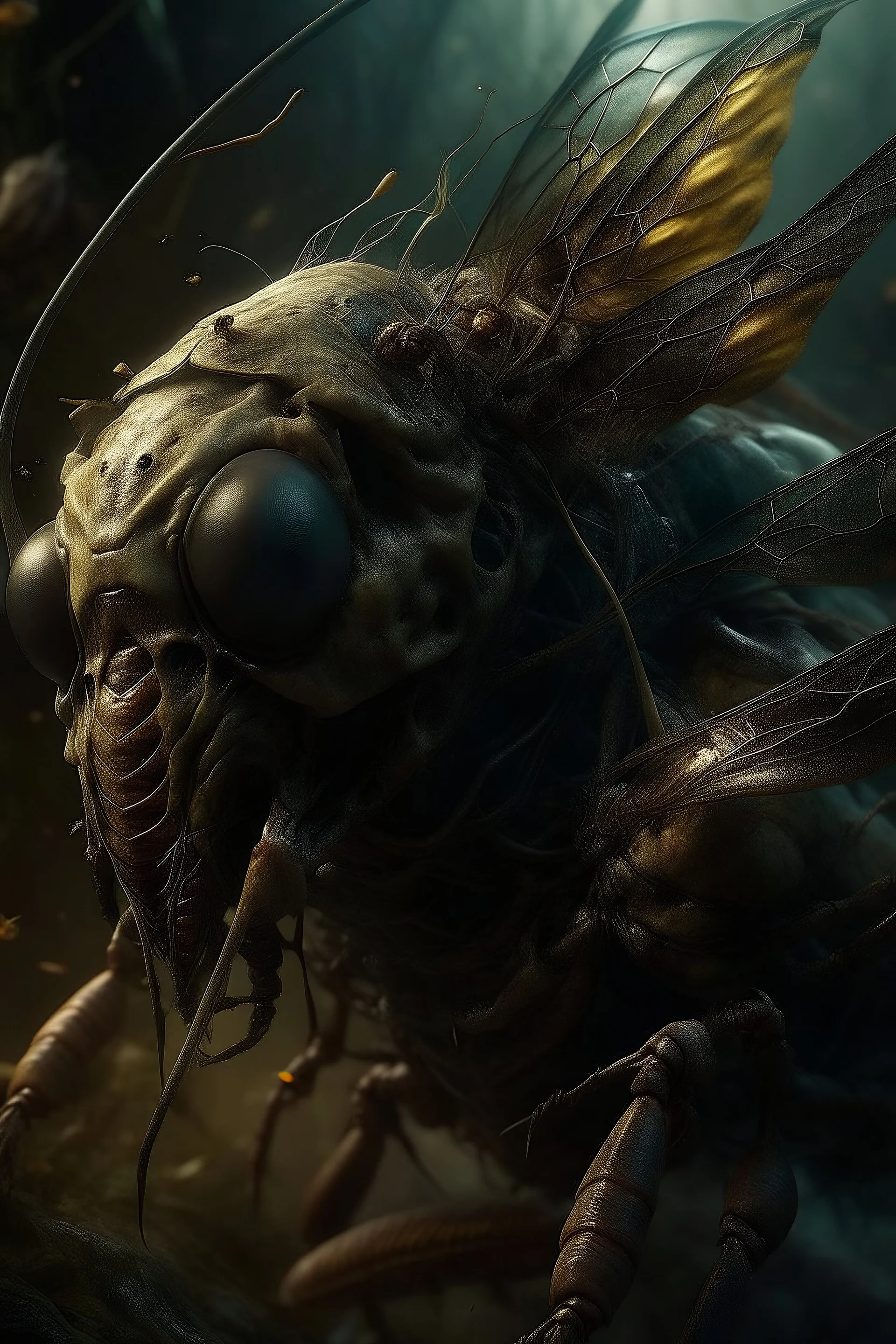 Bosch nightmares paint inf style Title: a creature with bee head ,insanely detailed octane render trending on artstation, 8k artistic photography, photorealistic concept art, soft natural volumetric cinematic perfect light, chiaroscuro, award-winning photograph, masterpiece, oil on canvas, Raphael, Caravaggio, Greg Rutkowski, people, beksinski, Giger