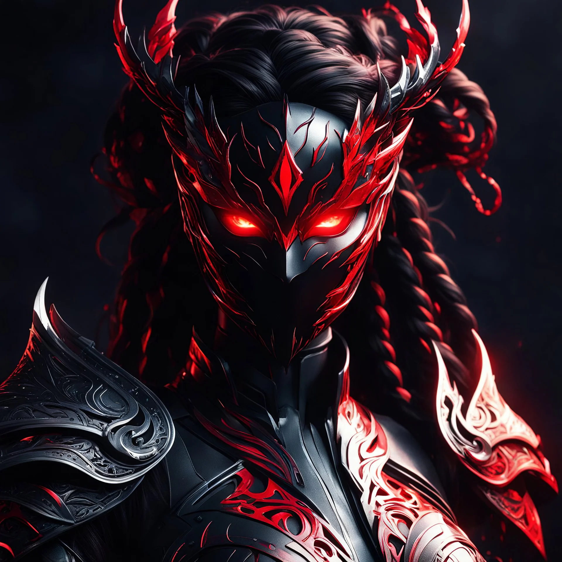 carnage female red and black dark night armor in 8k solo leveling shadow artstyle, dark night mask, glowing red eyes, braided hair, dark hair, profile picture 8k ultra quality, intricate details, highly detailed, high details, masterpiece,ultra detailed, ultra quality