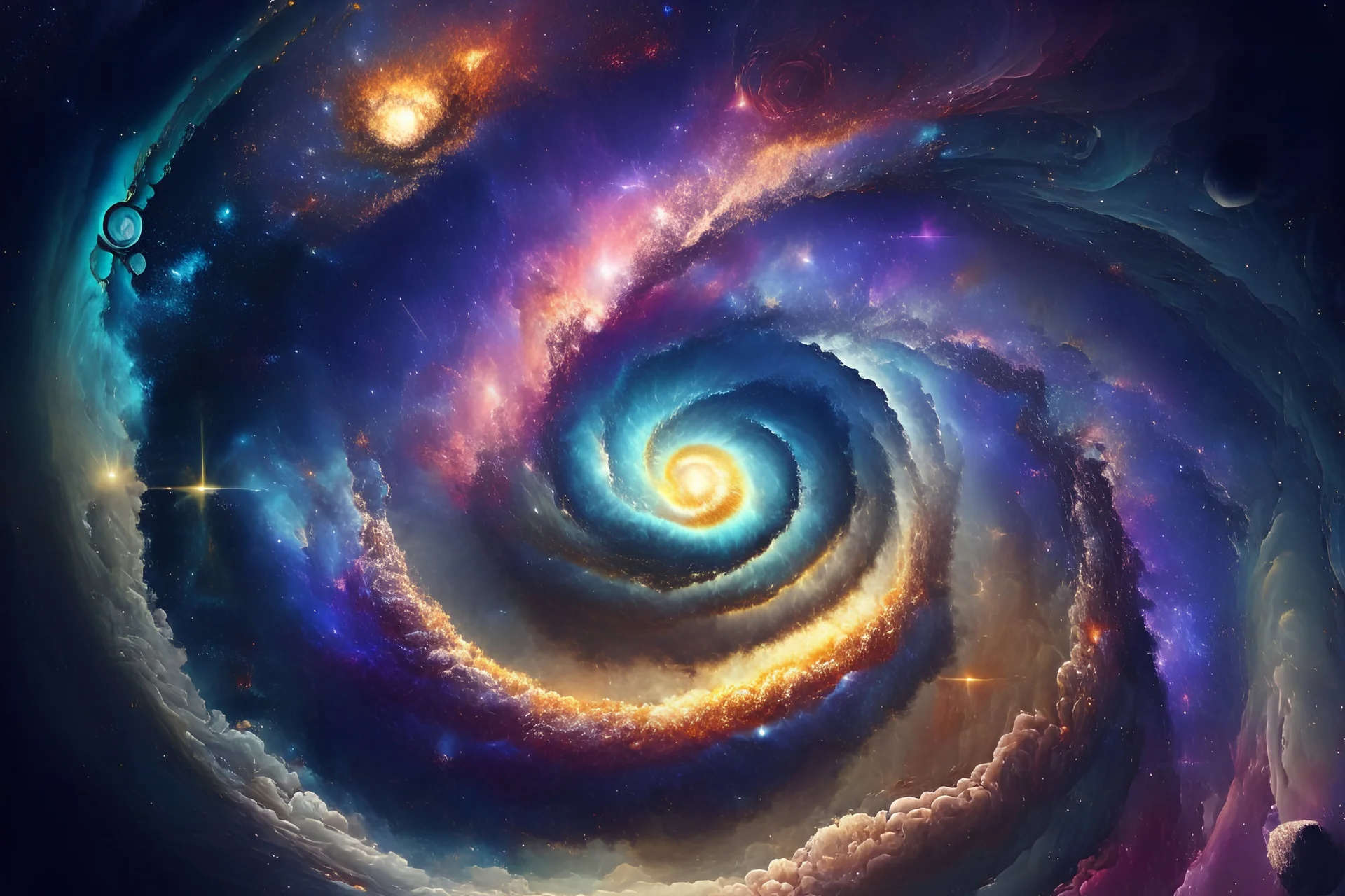 A stunning celestial scene, featuring a radiant, spiraling galaxy with vibrant, swirling colors, surrounded by a dazzling array of stars and other celestial bodies.
