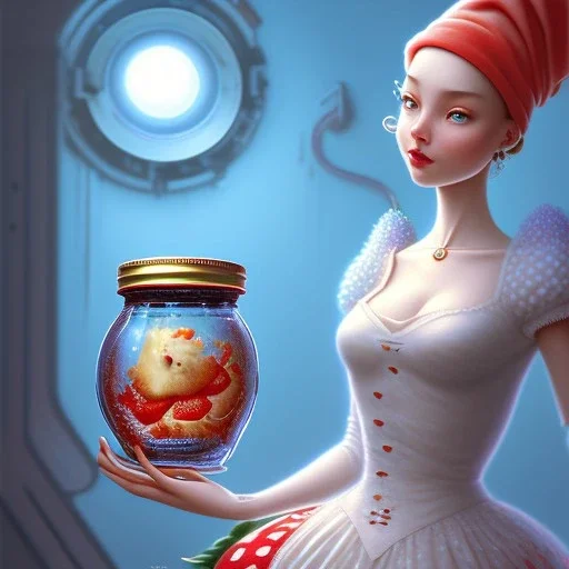 pixar style, realistic painting of a housewife and a jar full with strawberry jam, kitchen in the background volumetric turquise and blue sky, flying environment and background, volumetric lighting, dramatic lighting, detailed digital painting, extreme dense and fine, anime, ornate, colour-washed colors, elegant, small minutiae, tiny features, particulars, centered, smooth, sharp focus, renderman gofur render, 8k, uhd, detailed eyes, realistic shaded volumetric lighting, caustics, backligh