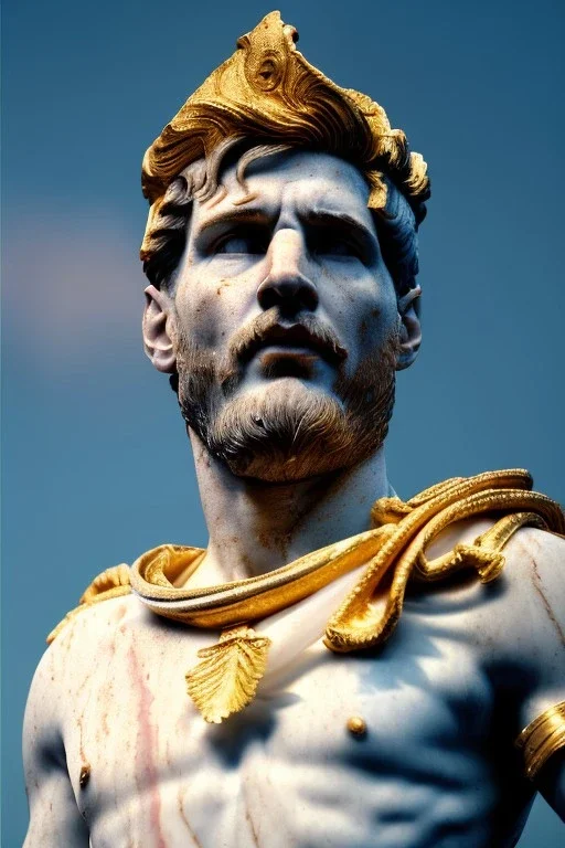 Realistic image, Roman sculpture made in white marble with gold veins, Lionel messi with gold laurel leaves crown, two blue brushes. decorative star on the chest, waist up portrait, marble material, gold ornaments, Baroque style, sun rays background, epic, celestial, cinematic lighting, God lights, 4k resolution, smooth details, soft lighting, unreal engine 5, art station, substance 3d.