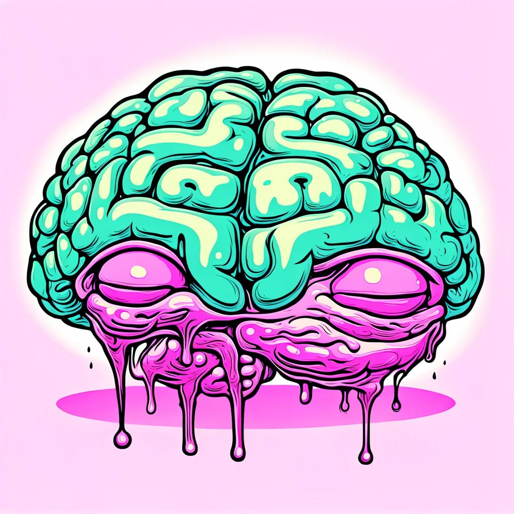 Vintage illustration of a slimy pink brain melting, cartoonist animation style, hand drawn, pastel color palette, gross art, pop punk, 90s anime inspired, airbrushing, post modern, horror cut, gradient chrome abberations, retro weird drawings