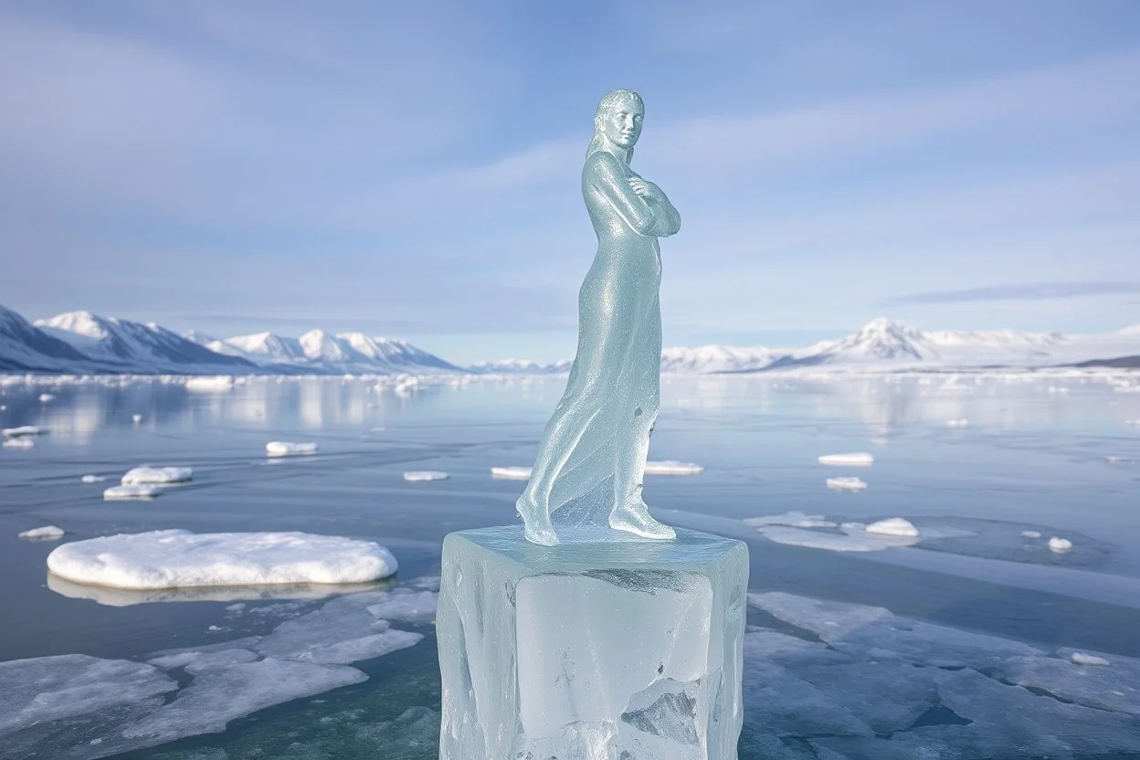 in a frozen sea with pretty mountains a full lady ice statue in artist pose standing over a ice block looking at camera, of clear glass like ice that going to melt and water drops fall from all body.