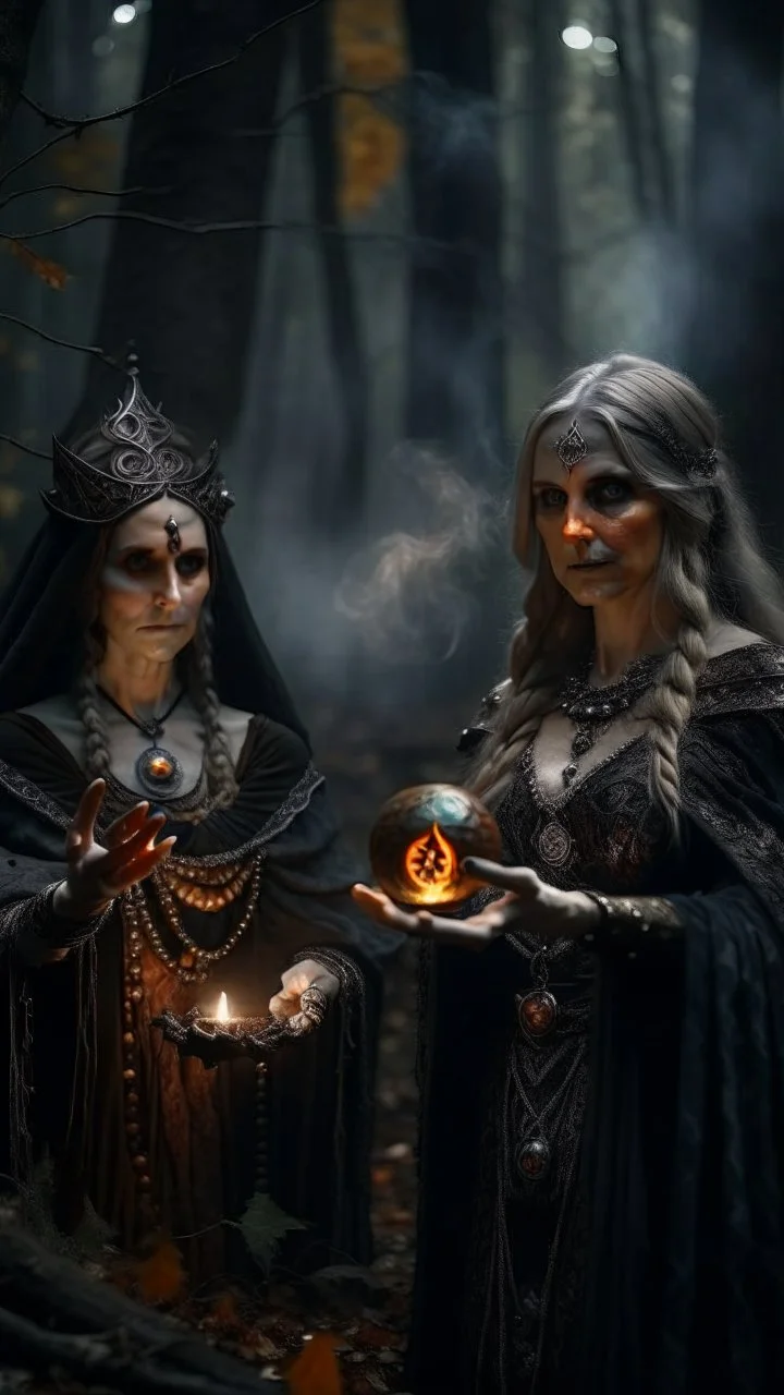 close up portrait of merciless medieval high priestess countess and her creepy sister in big eyed trance, metal gauntlets holding fire ball portal, full moon, swirly mist,autumn wind, performing arcane invocation ritual of smoke demon with immense power on luminous stone altar in dark forest grove, shot on Hasselblad h6d-400c, zeiss prime lens, bokeh like f/0.8, tilt-shift lens 8k, high detail, smooth render, down-light, unreal engine, prize winning