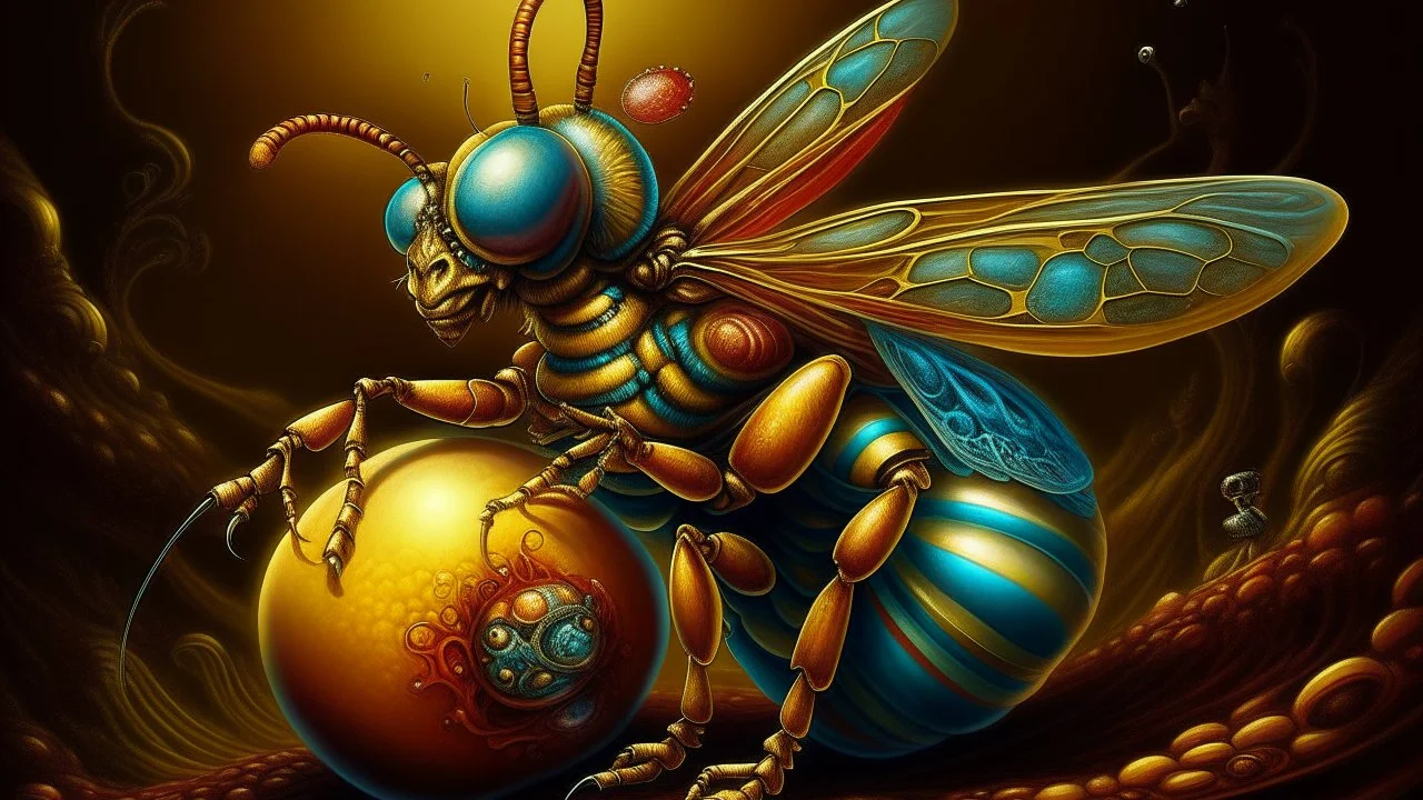 Surreal digital art, hyperrealistic rendering of a bee with a bell for a body and a belly button on its abdomen, vibrant colors, intricate details, fantasy concept by Boris Vallejo and Julie Bell