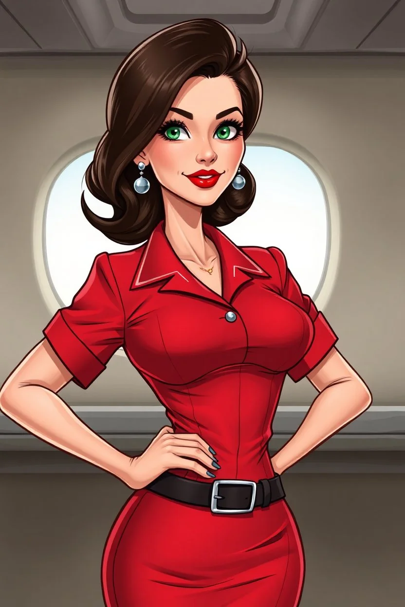 realistic cartoon in the style of Francois Walthery's Natacha series of adventurous, elegant brunette French stewardess lady, aged 50 posing in a tight, short, red uniform dress. She has green eyes, strong makeup, bright red lips and long lashes. She looks a bit like Jeanna Fine.