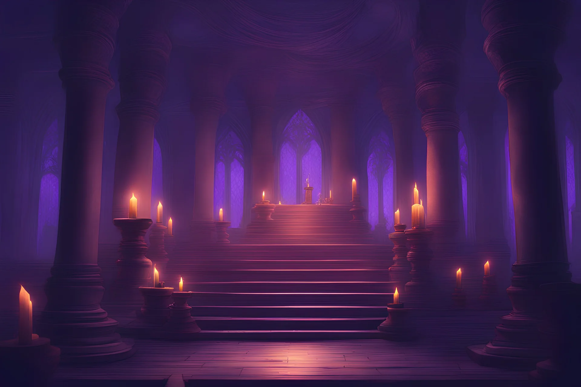 Artstation,concept art, Temple with candles and objects, deep and pleasant atmosphere, purple and indigo colors