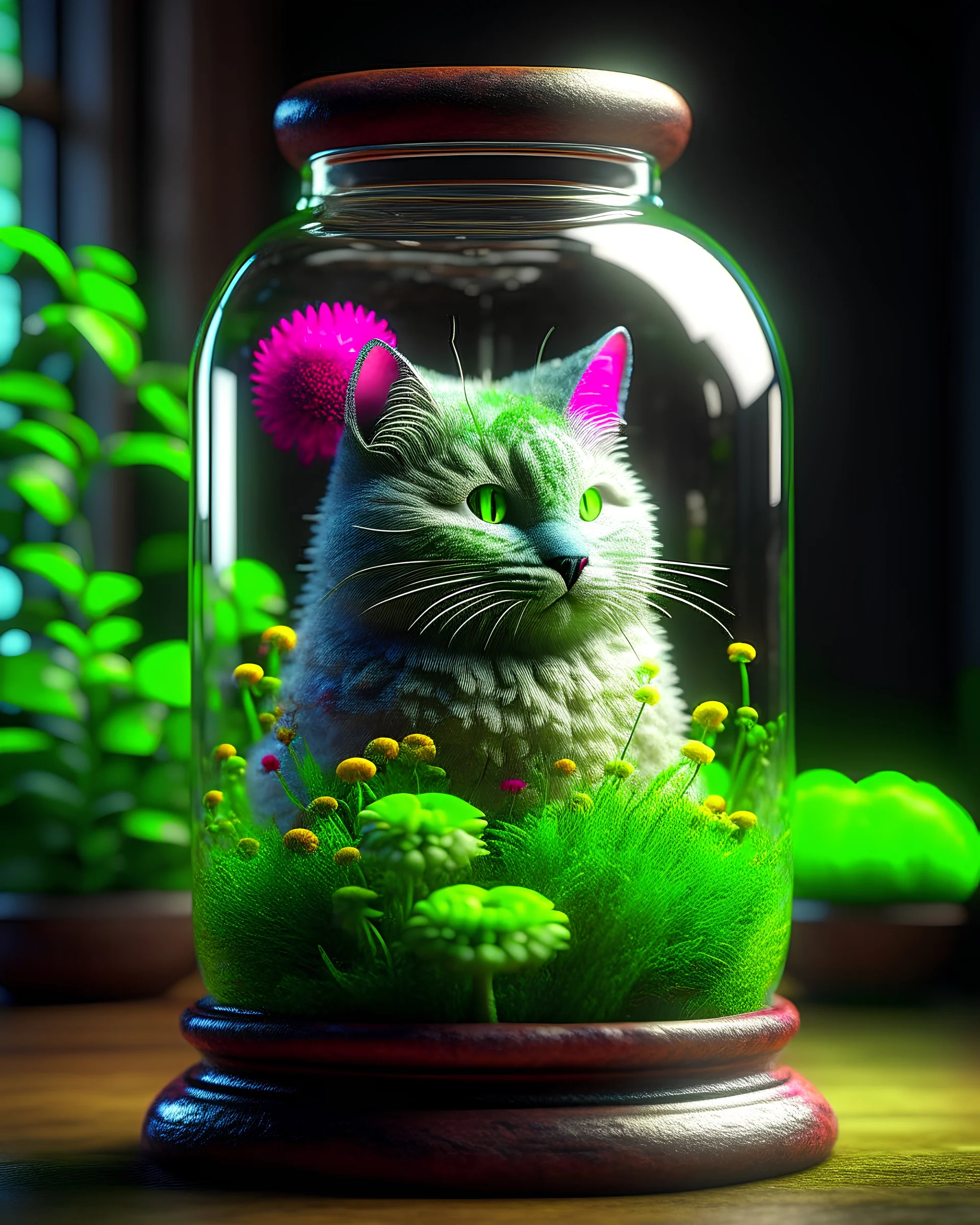 cat in a glass jar shaped as genie bottle, terrarium filled with flowering plants, highly detailed, digital art, sharp focus, hyperrealistic, high octane render, unreal engine