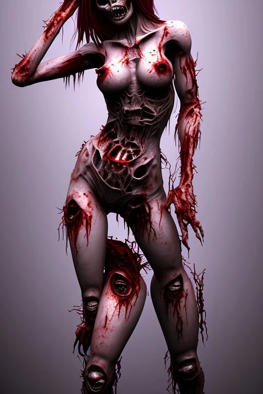 12k ultra-high-definition rendering of a zombie model in a photo studio ,The zombie, adorned in a red ripped tight dress, ripped sideways from top to bottom, long slit, shoes are fashionable platforms, big gun on side thigh, exudes a sinister aura under the studio's dark and mysterious lighting