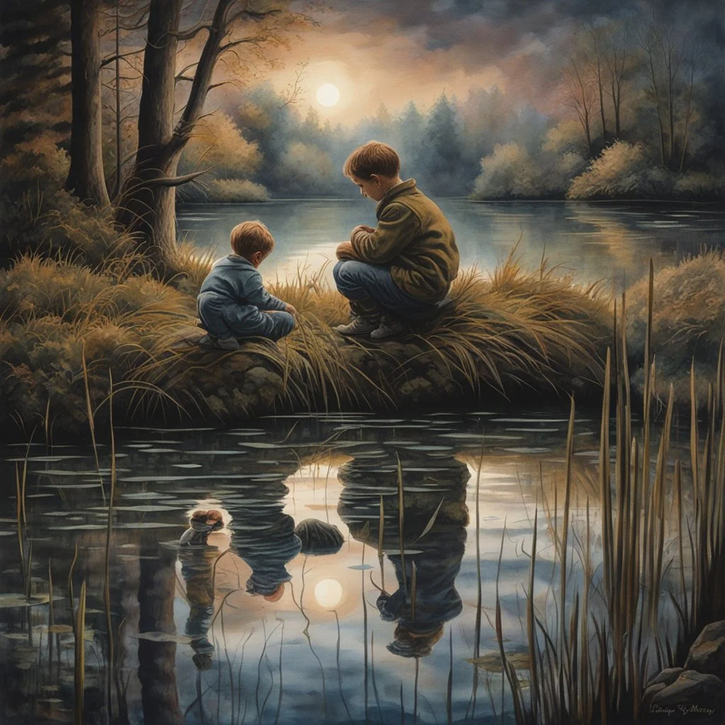 Children kneeling on bank of surreal pond watch their reflections in the rippling pond stretch in macabre horrifying ways, dark horror surrealism, detailed watercolor, eerie mirror reflections, dynamic lighting, sharp colors, smooth perfect picture, uncanny valley.