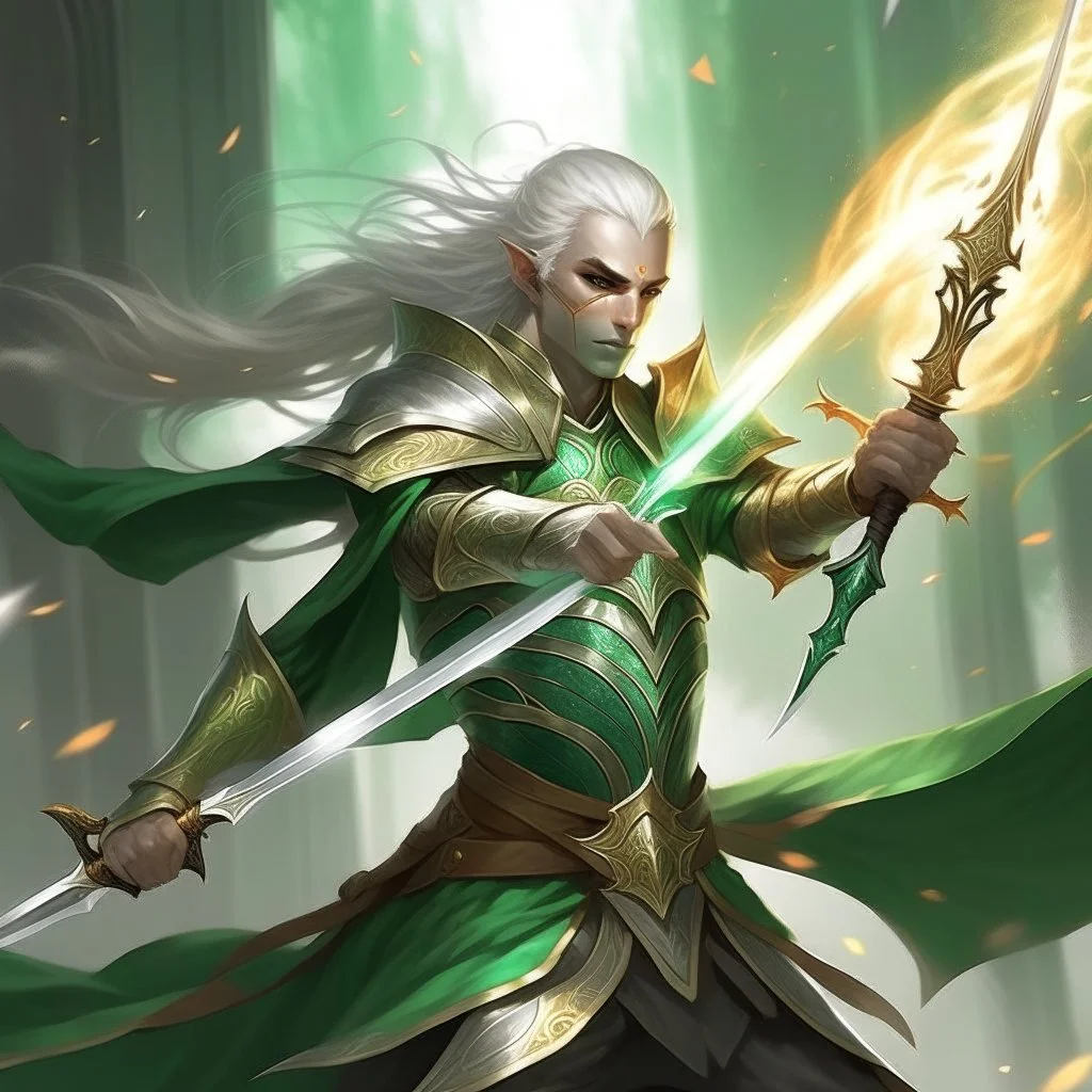 An elven warrior with a brilliant sword gleaming like the sun. he wears emerald green armor, trimmed in gold. His long white hair is tied up to stay out his way. he moves like lightning with his blade