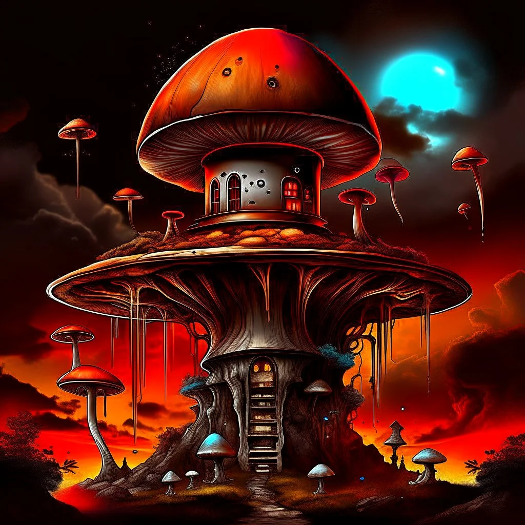 A fantabulous black, orange, and cyan (((mushroom tower house))) erected atop a (geologic pillar), surrounded by the uncanny imaginative ((( swirling skies))), offset by the stark hues of a (neon-tinged nebulous space scape), within. captured by the hand a skilled master painter with a focus on (softly blurred compositions and voluminous lighting).